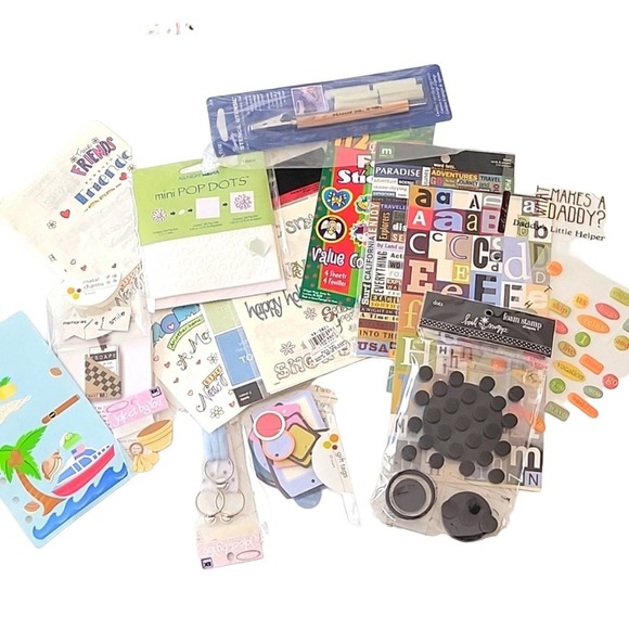 Lot of 17 Different Crafting Items Stickers Charms Stencil Utensil Letters - Picture 1 of 8